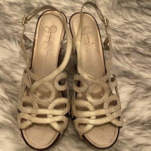 Used Jessica Simpson size 10 brushed gold, high, heeled sandals